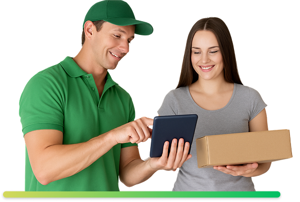 Delivery interaction with package and tablet.